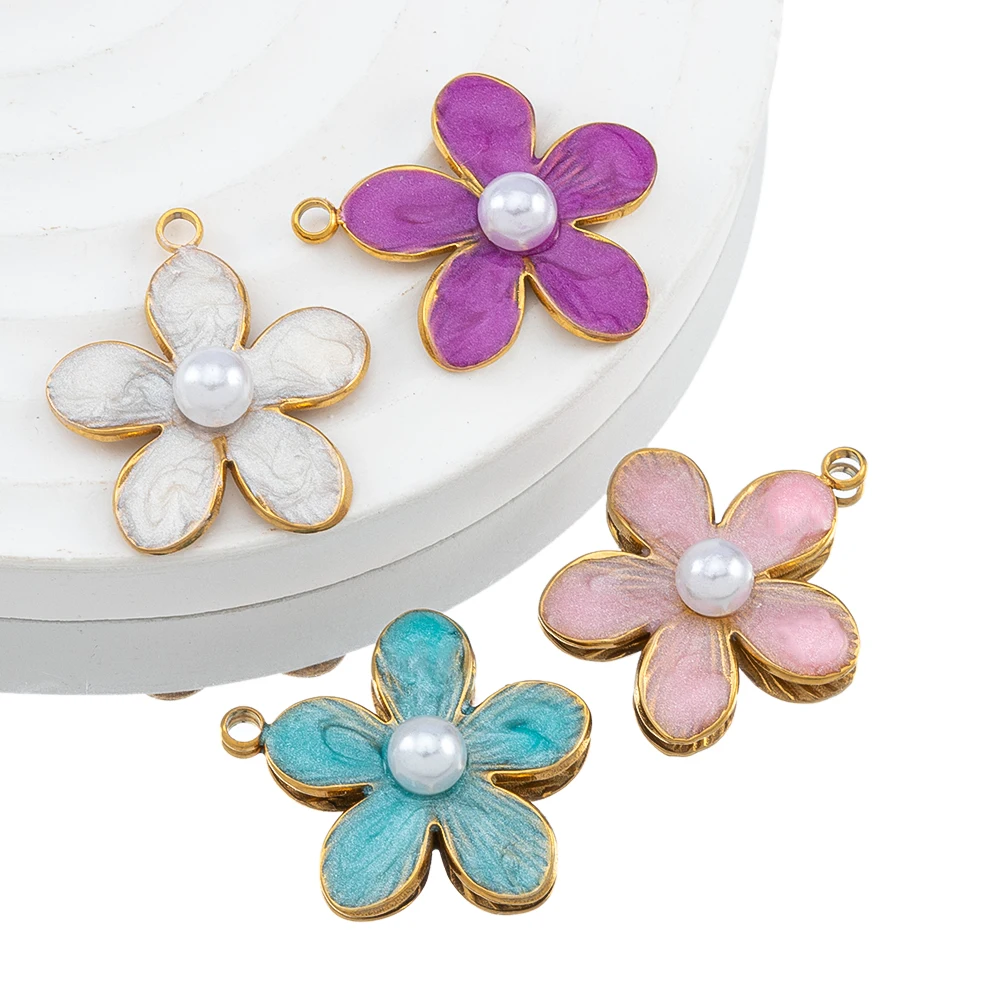 New 2pcs Stainless Steel Enameled Flower Charms Pendants Necklace Bracelets for Jewelry Making DIY Accessories Bead Wholesale