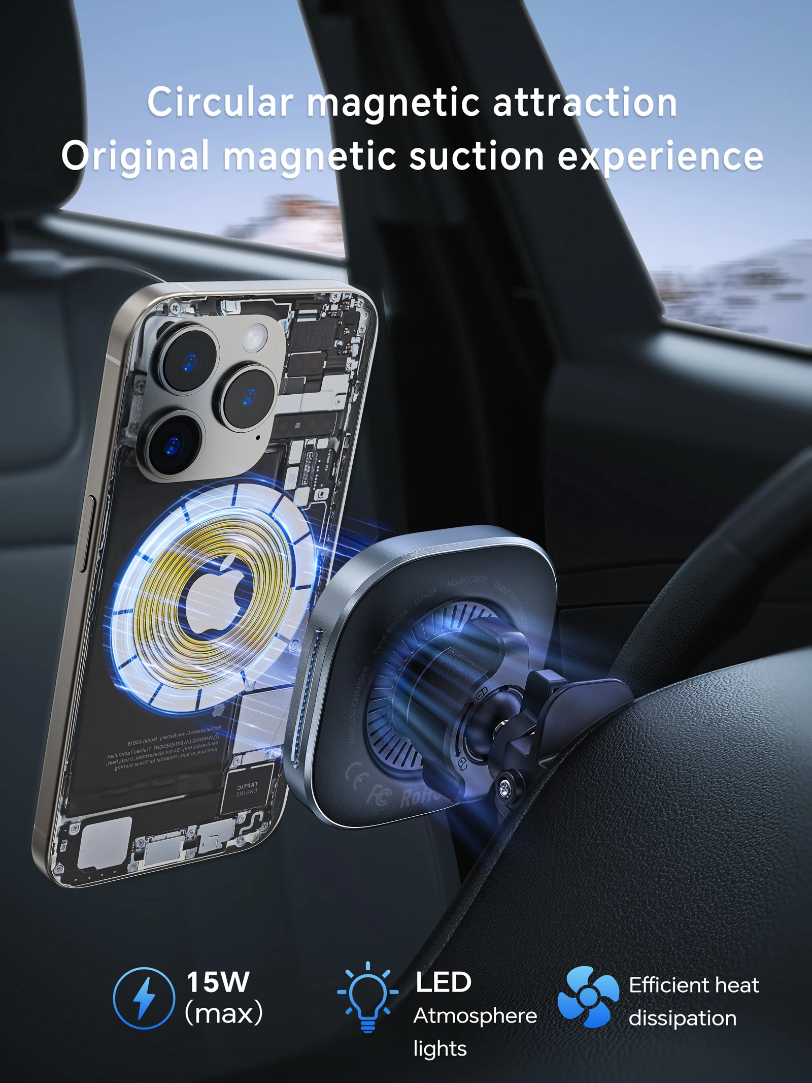 15w Magnetic Wireless Charger Car  Mount Strong Magnetic Fast Charging Car Phone Holder Magnetic Wireless Car Charger