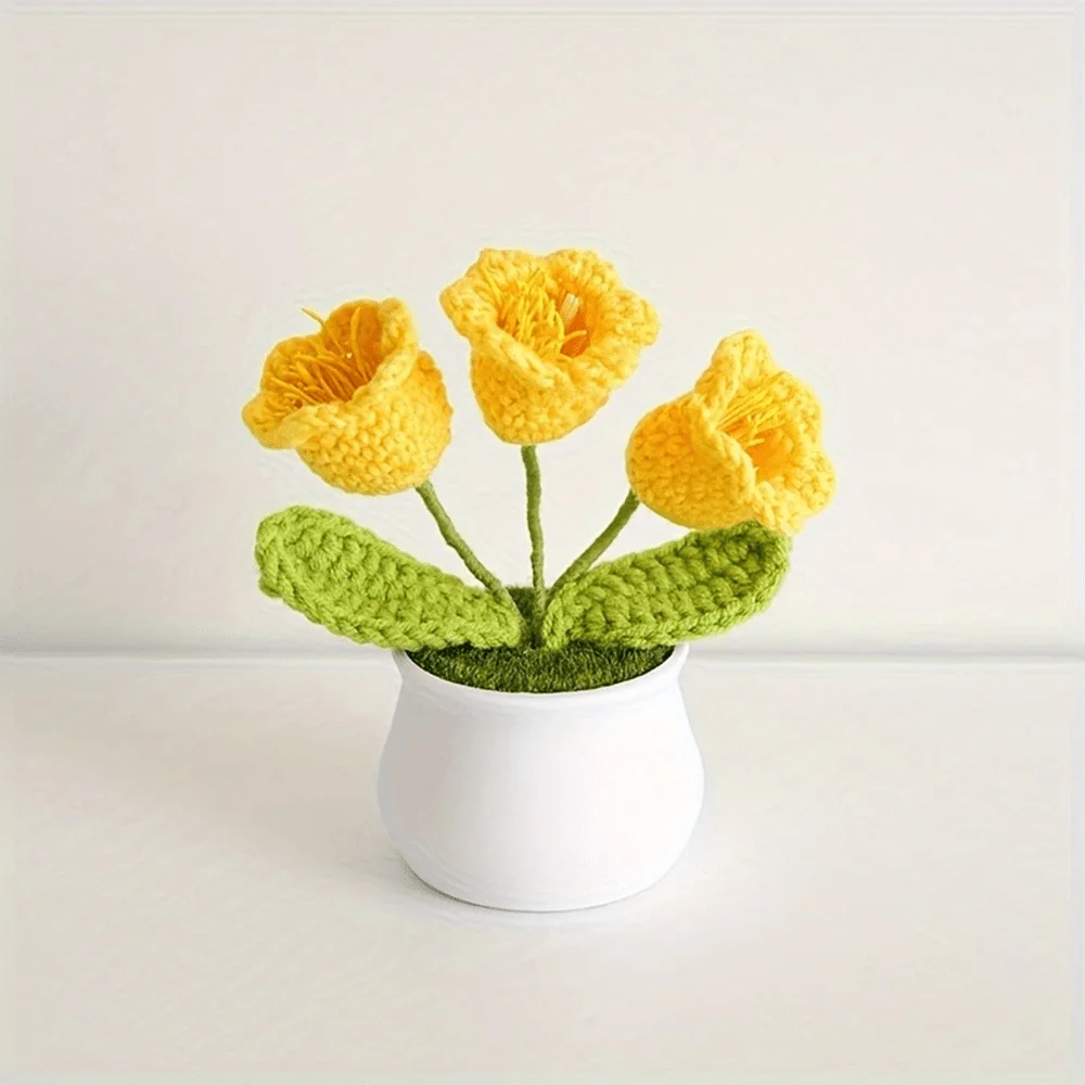 Boutique handmade woven 3-head lily of the valley potted home decoration, knitted simulation flower yarn hook woven lily of the