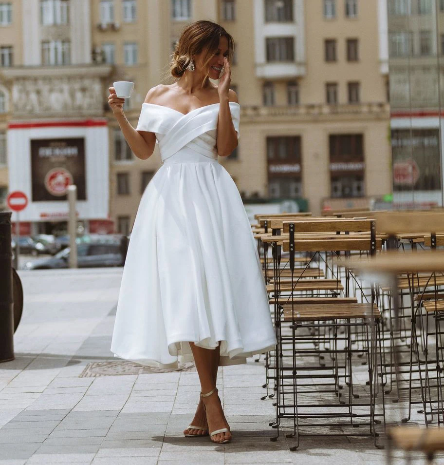 Einfache Tee-länge Hochzeit Kleid Weg Von der schulter Weiß Elfenbein Satin A-linie Kurze Braut Kleider Strand Zurück Schnürung Hochzeit kleider