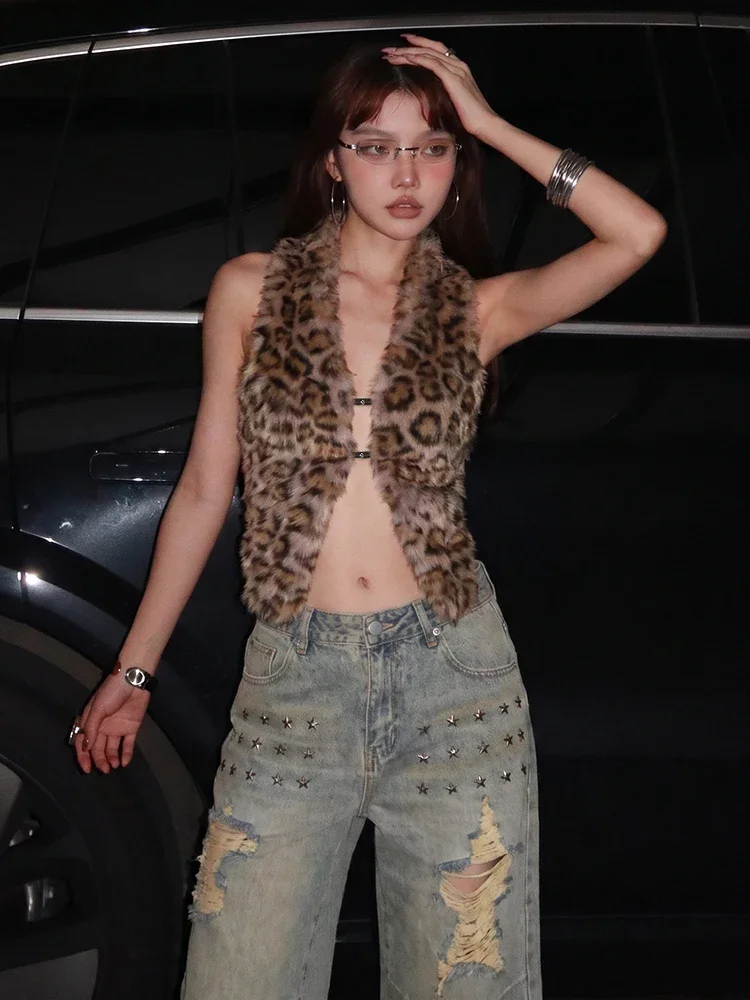 Weird Puss Sexy Leopard Furs Tank Top Women Backless Halter Bandages Irregular Hem Midnight Street Club Y2K Hottie Fashion Vest