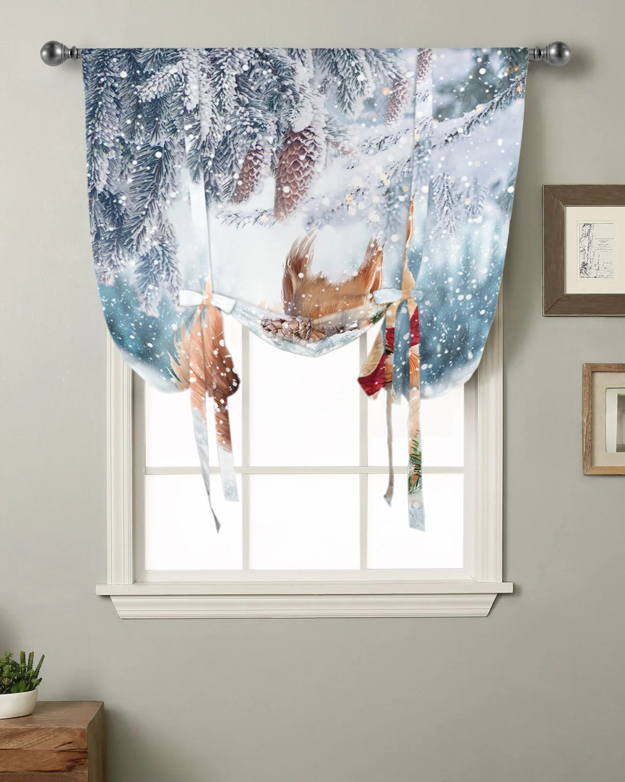 Winter Snow Pine Cone Squirrel Window Curtain for Living Room Roman Curtains for Kitchen Cafe Tie Up Short Drapes