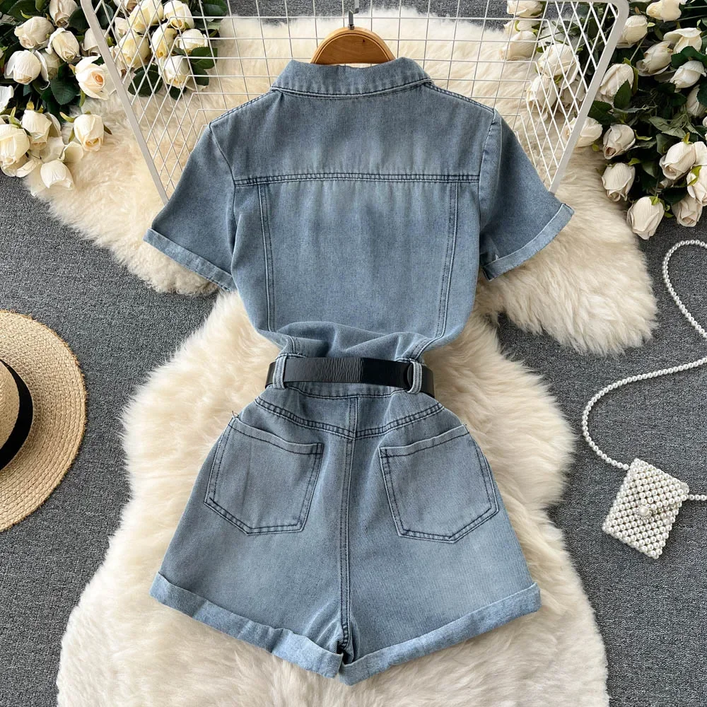 Tooling One-Piece Denim Suit Female Summer 2024 New Temperament Fashion High Waist Wide Leg Shorts Jumpsuits Overalls Shorts