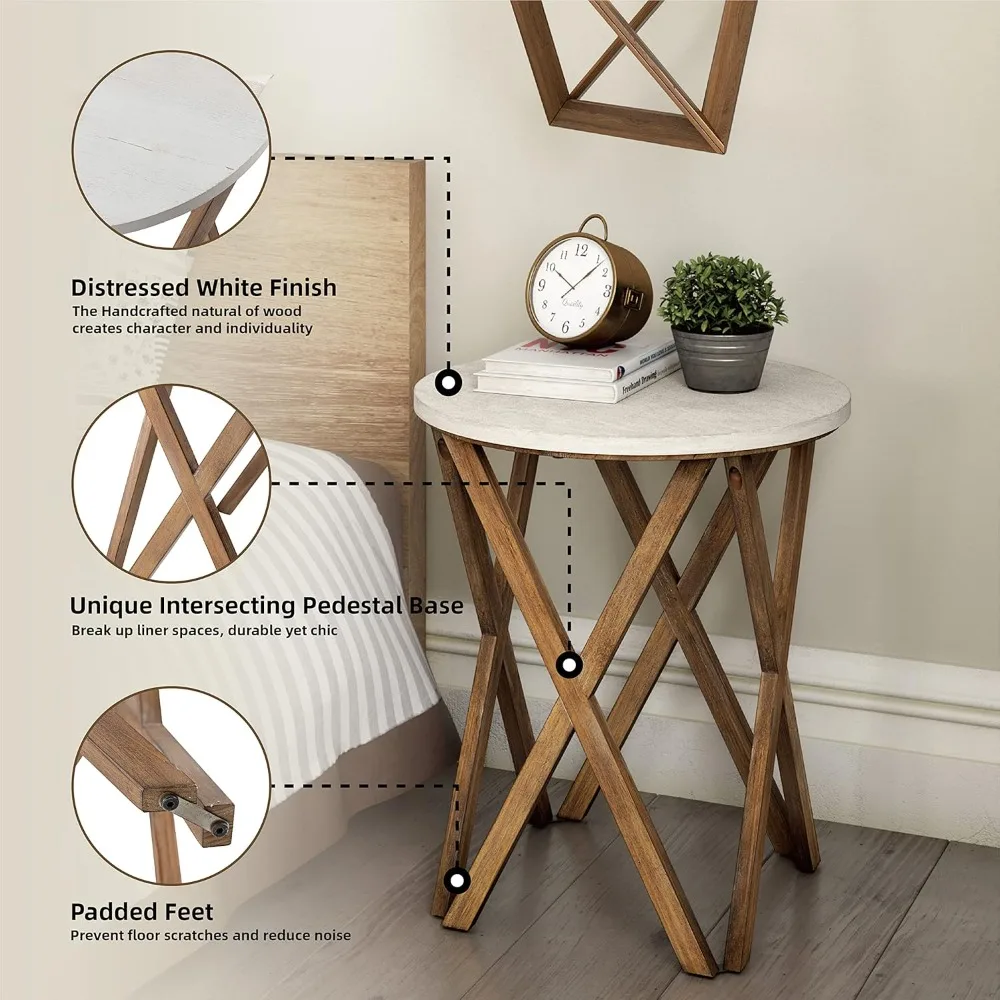 

Pedestal Farmhouse End Table, Distressed White Top with 4-Legs Base for Modern Farmhouse, Boho Decor, Round