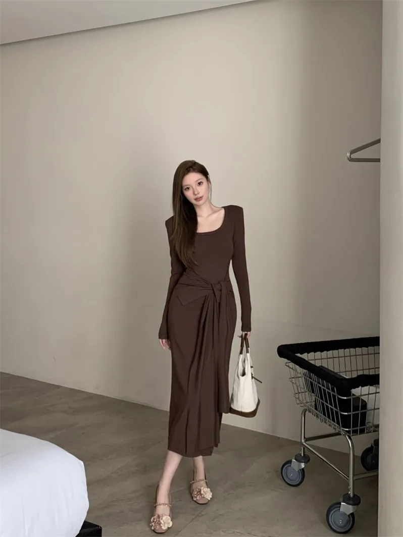 

New Chic Women 2024 Autumn Winter Tie-front Long Sleeve Bodycon Slim Long Maxi Dress Streetwear Y2k Dress