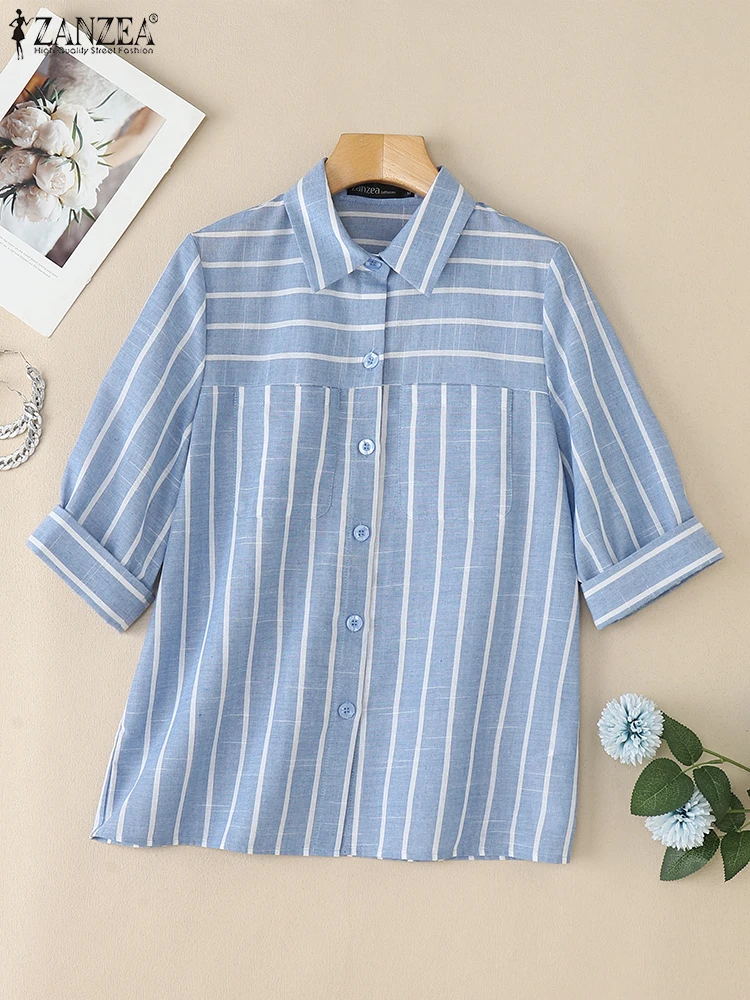 Camisas a rayas a la moda ZANZEA, Blusas de trabajo de manga 3/4 con cuello de solapa para mujer, Tops informales con botones, Blusas de gran tamaño