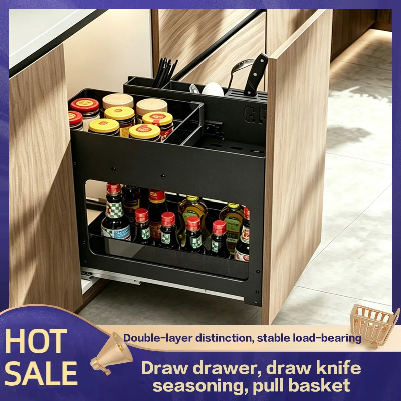 Pull Out Aluminum Alloy Double Layer Drawer In Drawer Knife And Bottle Organizer With Soft Close For Kitchen Narrow Cabinet