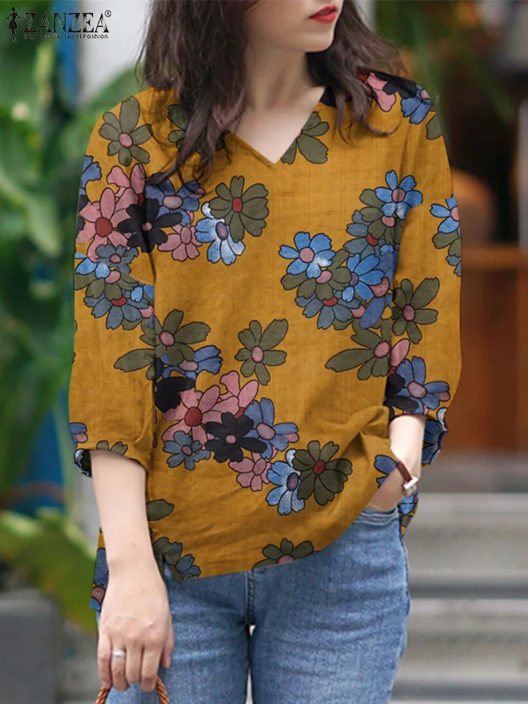 2024 ZANZEA Summer Blouse Vintage Casual V Neck 3/4 Sleeve Loose Tunic Tops Female Holiday Blusas Bohemian Floral Printed Shirt