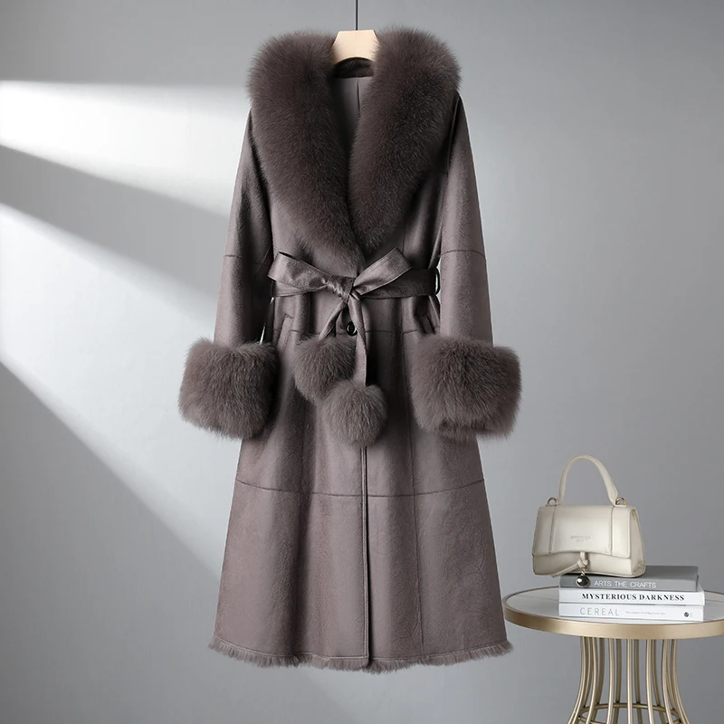 2023 Genuine Leather Fur One Piece Coat Women's Fox Fur Collar Slim Fit Medium Length Fur Coat Women's V-neck