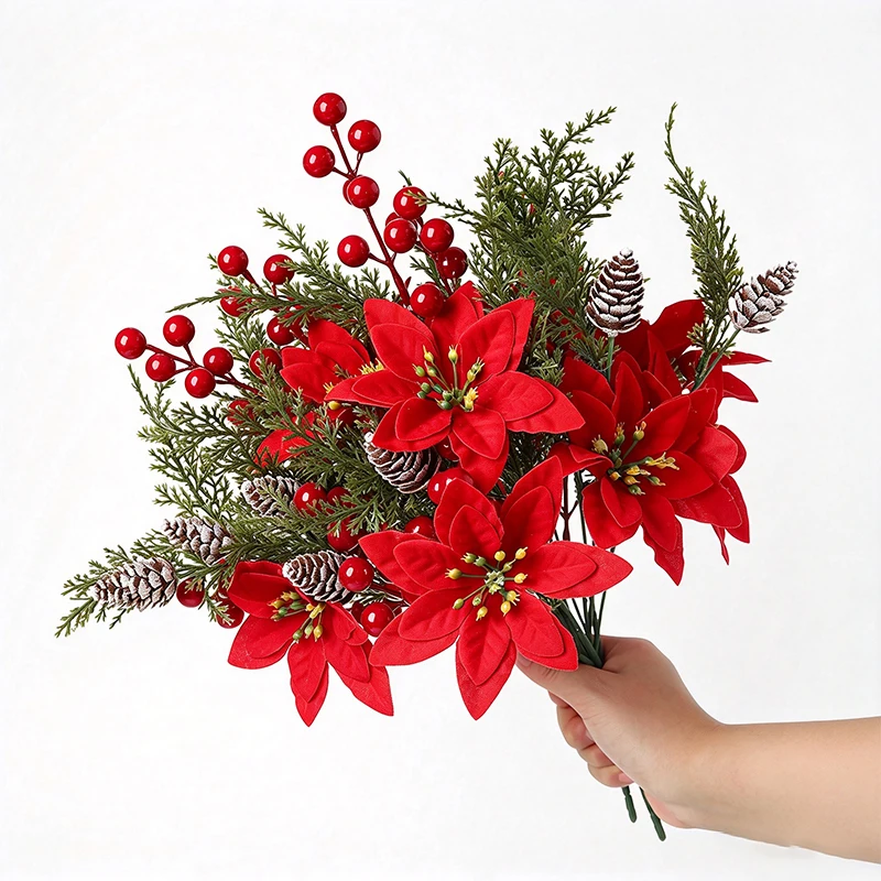 37cm Silk Christmas Poinsettia Flowers Bouquet Fske Flower for Home Wedding Party Decoration 2026 New Year Gifts Navidad Natal