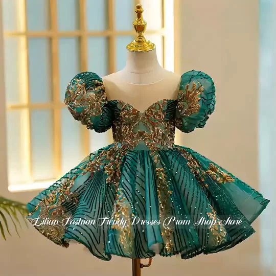 Customised Gorgeous Hunter Green Flower Girl Dress Gold Embroidered Children's Prom Dress Children's Birthday Party Dress