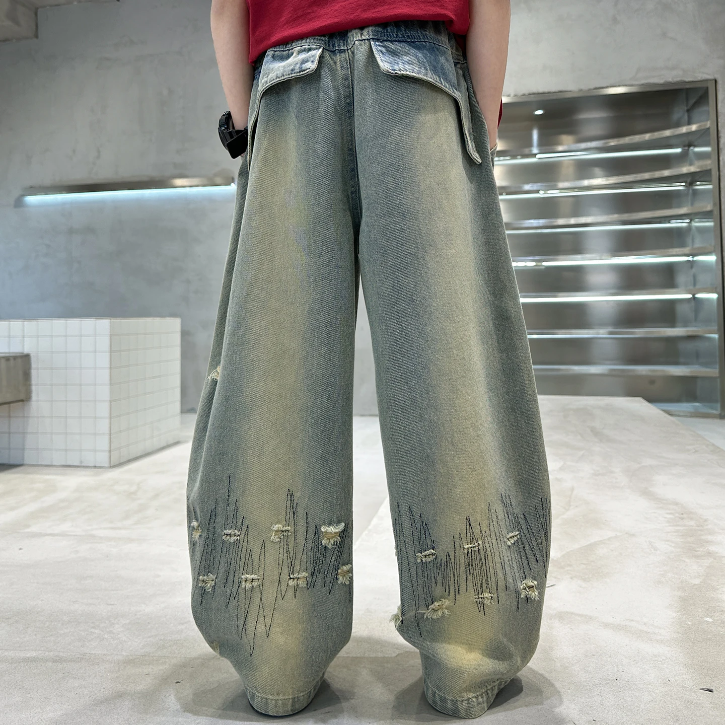Korean Boy Luxury Hip Hop y2k Baggy Ripped Jeans Kids High Street Fashion Hiphop Rap Dance Denim Pants Child Performance Trouser
