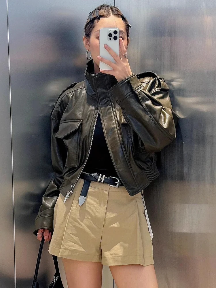 جديد 2025 الخريف المرأة دراجة نارية Jaet iny تقليد الجلود الوقوف طوق طويل Sve ort معطف بولي Material المواد السيدات الملابس
