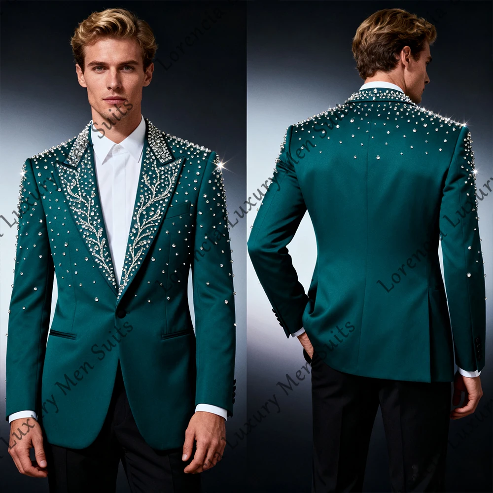 

Exquisite Diamond Suits for Men 2 Pieces Peaked Label Tuxedos Crystal Wedding Outfits Customized Blazer Pants roupas masculinas