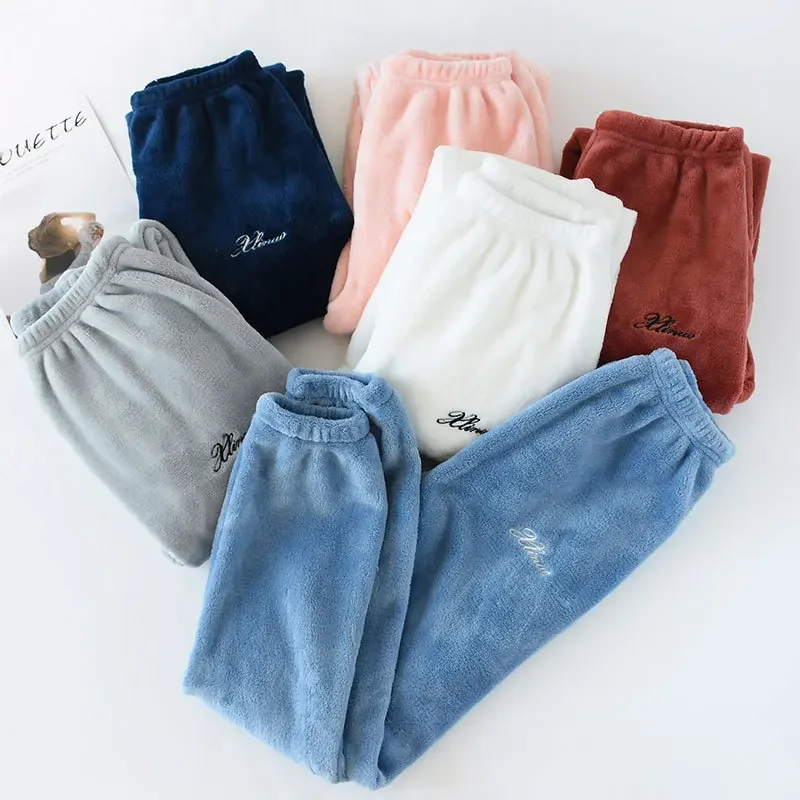 Japanese couples autumn and winter warm pants home pants ladies pajamas bottoms flannel thick coral fleece couple pants men