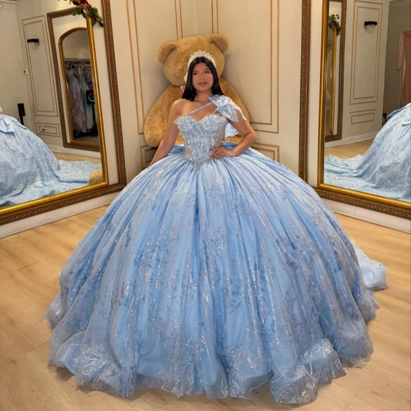

Sky Blue Shiny Ball Gown Quinceanera Dresses Sequin Applique Lace Beading Crystal Bow Tull Corset Off The Shoulder Sweet 16 Dres