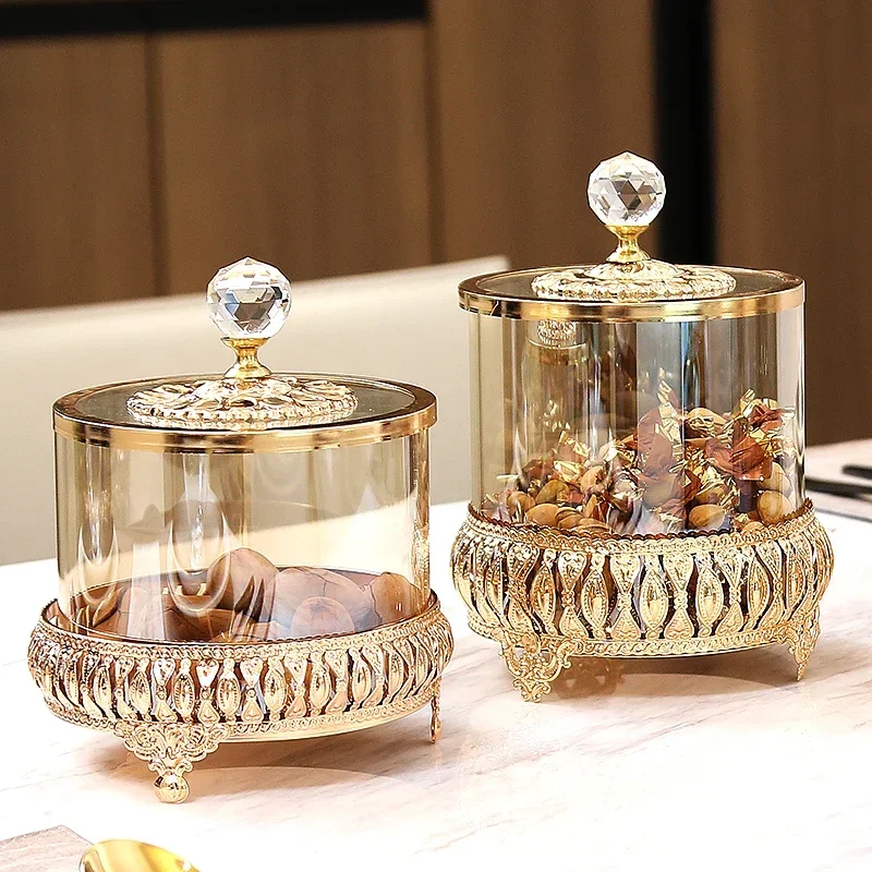 Luxury Style Golden Crystal Glass Decorative Storage Jar with Lid American and European Style Coffee Table Candy