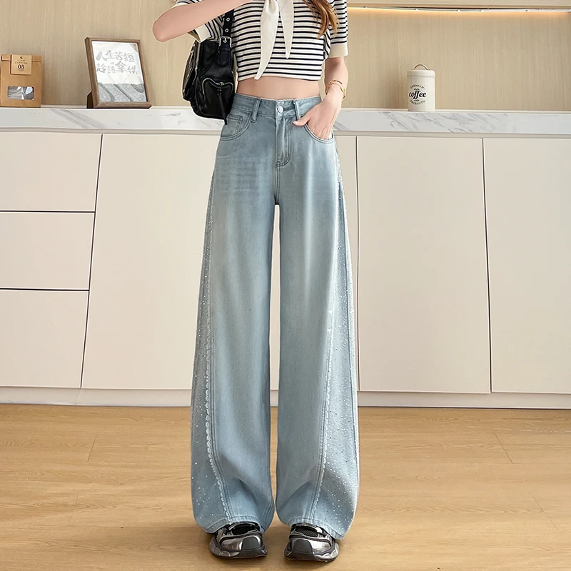 KSTUN Women's Loose Wide Leg Lyocell Jeans With Hot Drilling Lace Trim High Waist Casual Denim Pants Thin & Soft Breathable