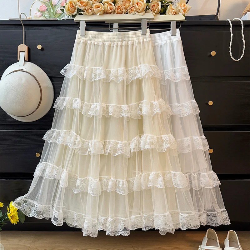 Fairy Lace Spliced Mesh Layered Cake Skirt Women 2025 Spring High Waist Folds A-line Long Skirts Sweet Beach Clothing