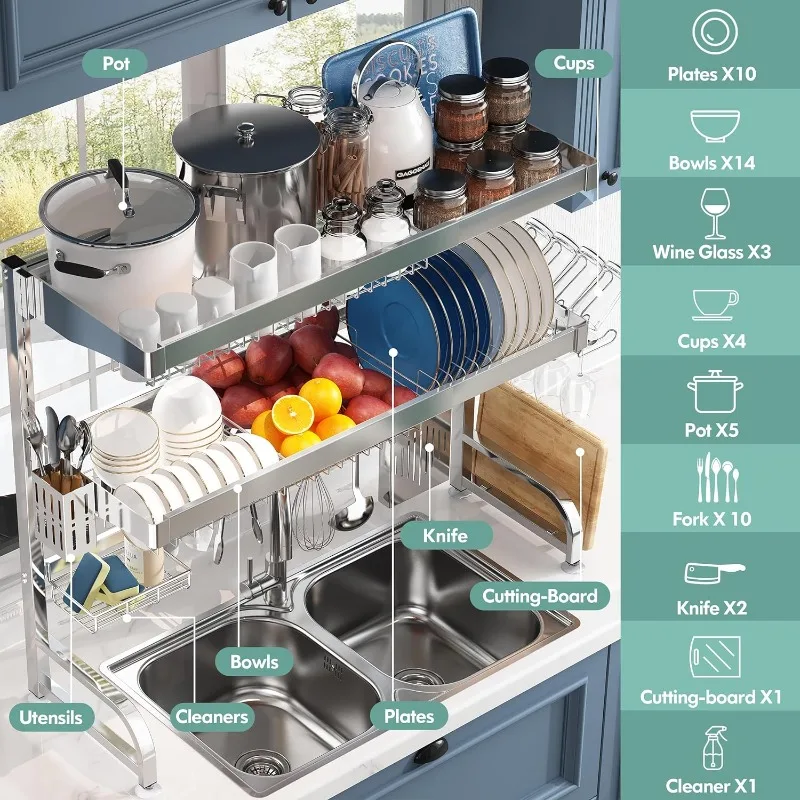 Over Sink Dish Drainer Drying Rack,MAJALiS 3-Tier 304 Stainless Steel Large Dish Racks for Kitchen Counter,Above Sink