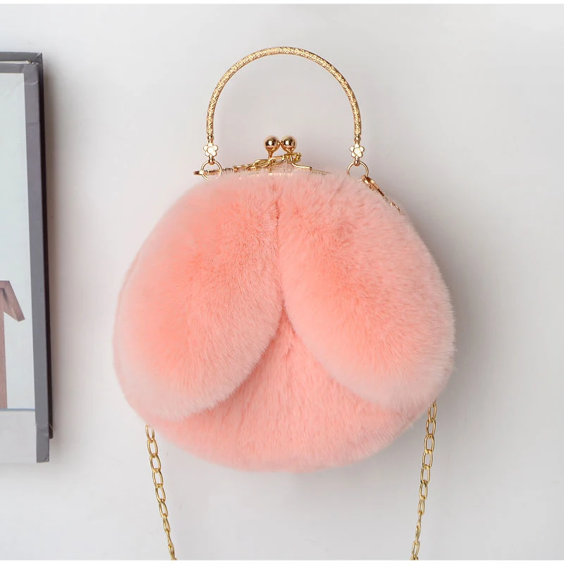 Weiche, flauschige Plüsch-Handtasche mit Henkel, niedliche Umhängetasche mit Hasenohren und Kette, warme Winter-Clutch, leichte Handytasche – Detail 25