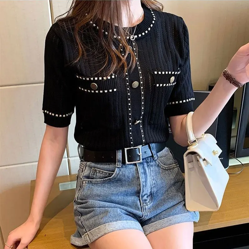 Women\'s Summer Korean Fashion Office Lady Simplicity O-neck Short Sleeve T-Shirt Women Clothes Elegant All-match Slim Tops