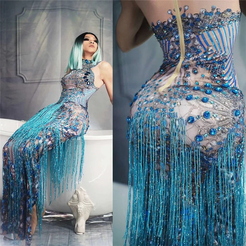 

Sparkly Stretch Women Blue Rhinestone Tassel Dress Performance Stage Nightclub Singer Costumes