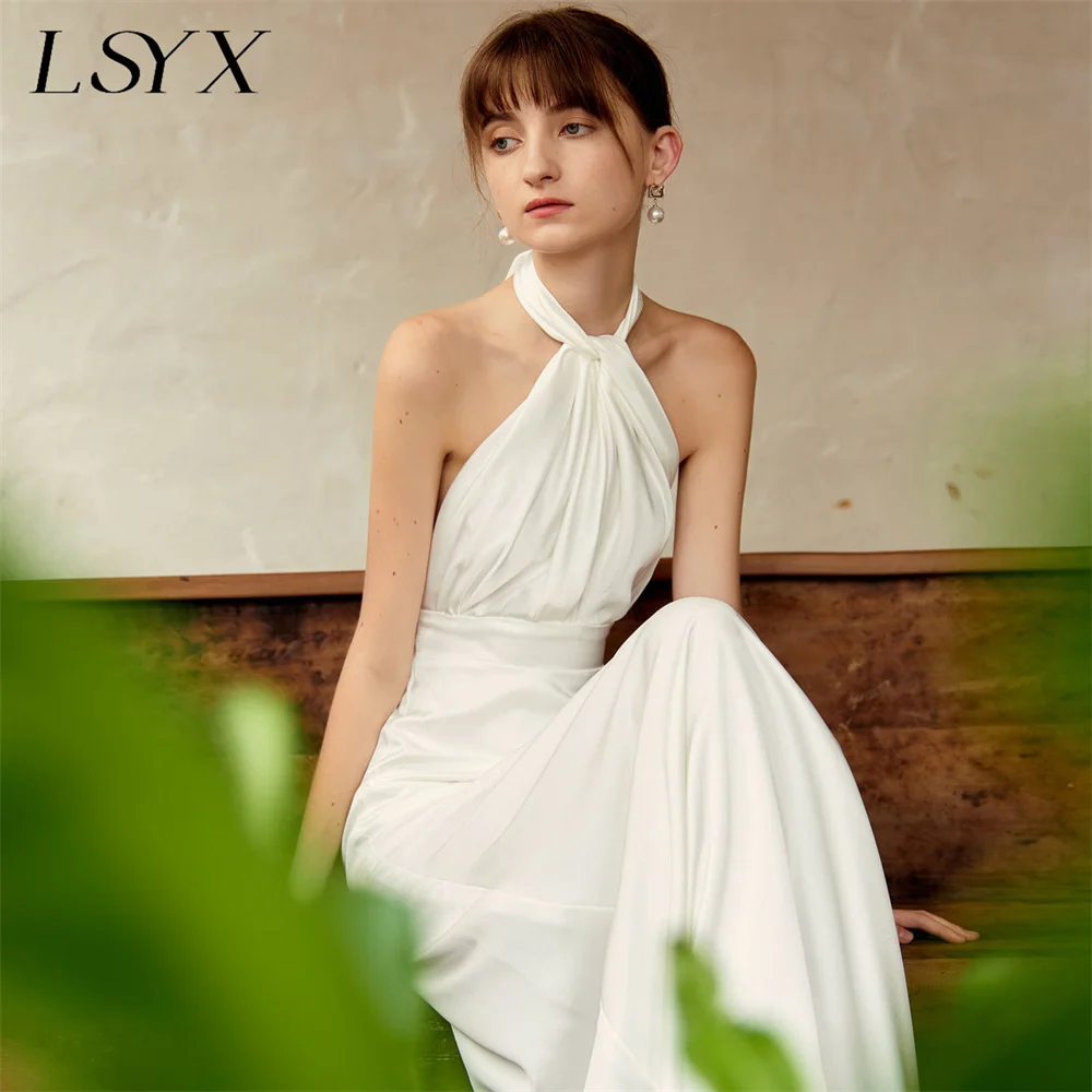 LSYX vestido de novia sin mangas con cuello Halter para mujer, vestido de novia elegante de una línea, plisado, Espalda descubierta, tren de corte, Simple