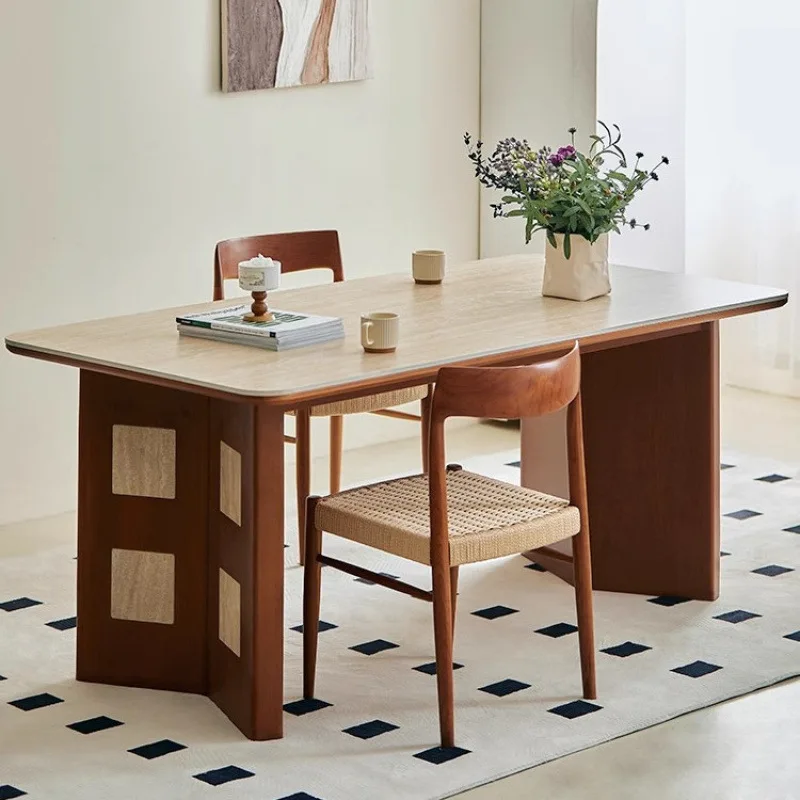 

Carmen cave stone dining table rectangular French retro medieval style rock slab solid wood Fan cream Fengshu desk