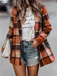 Woolen Plaid Shirts Womens Blouses Autumn Long Sleeve Lady Tops Loose Casual Checked Female Clothing Outwear Coat 2022 Spring