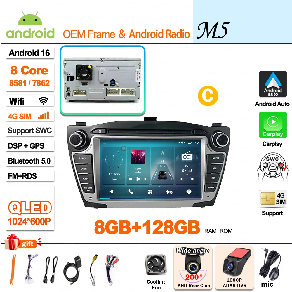 Android 16 Carplay voor Hyundai IX35 Tucson 2 LM 2009 - 2015 autoradio multimediaspeler QLED scherm GPS navigatie WiFi 5G
