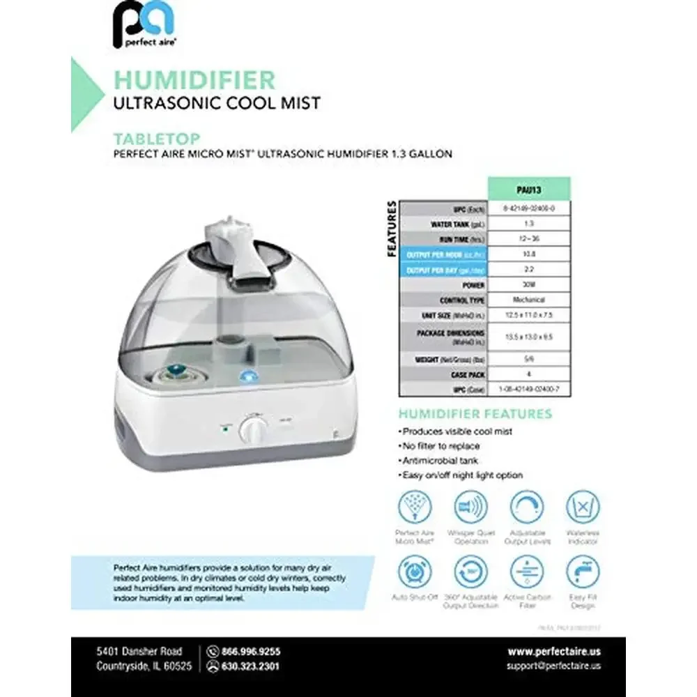 بيرفكت اير PAU13 1.3 جالون مرطب ميكرو ميست لسطح الطاولة 1.3 جالون أبيض