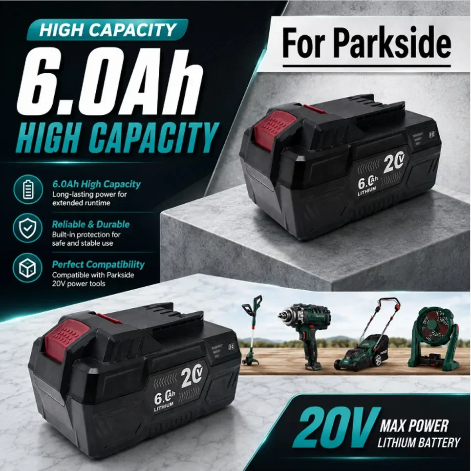 Magazzino UE Batteria di ricambio agli ioni di litio 20V 6.0Ah per tutti gli utensili Lidl Parkside PAP 20 B3 PAP 20 A3 PAPS 208 A1 per motosega e trapano elettrico