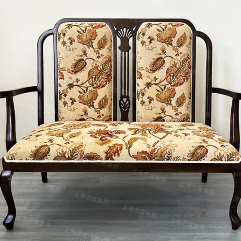 

Printed sofa, leisure chair, double three-person combination sofa, carved solid wood, retro classic hotel.