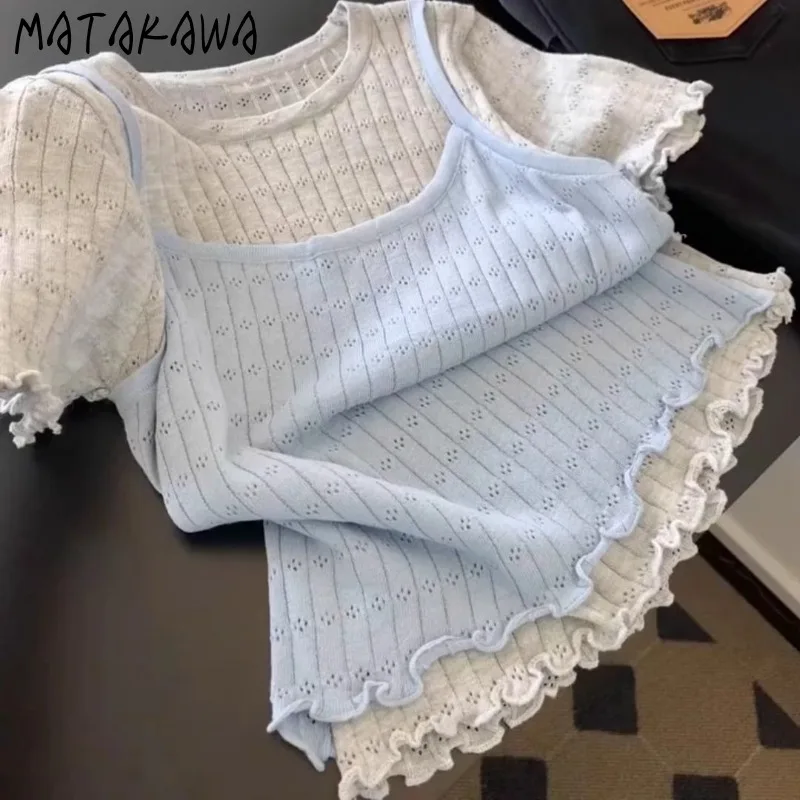 

Matakawa Sweet Fake 2 Pieces Knitted T Shirt for Women Contrast Color Summer T T-shirts Korean Fashion Ruffles Ropa De Mujer