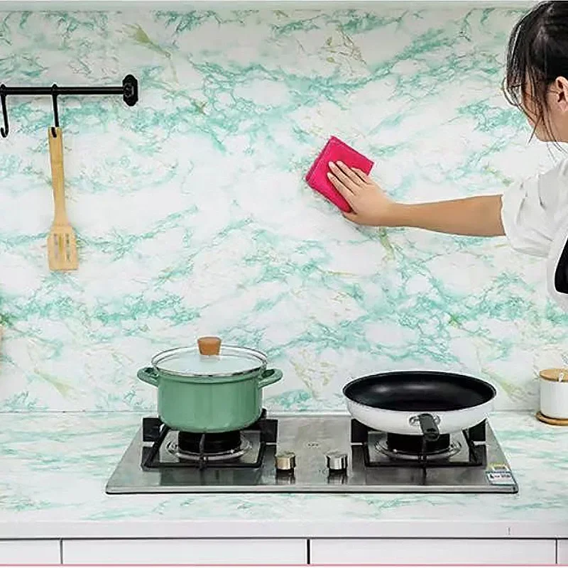 PVC Self-Adhesive Green Marble Wallpaper Waterproof Oil Resistant Furniture Decoration Kitchen Cabinets Drawers Renovation Film