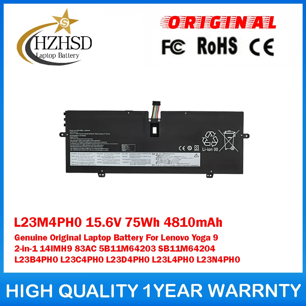 

L23M4PH0 15.6V 75Wh 4810mAh Genuine Original Laptop Battery For Lenovo Yoga 9 2-in-1 14IMH9 83AC 5B11M64203 SB11M64204 L23B4PH0