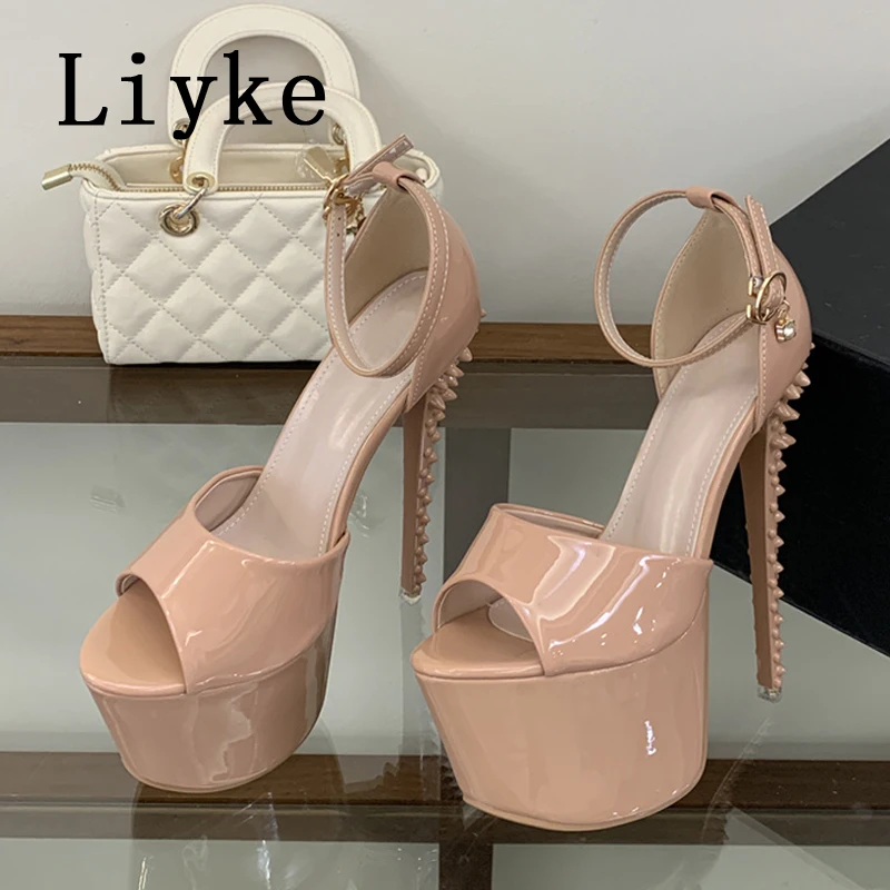 

Liyke New Style Fashion Rivet Stiletto Women Platform Sandals Sexy Peep Toe 17CM Extreme High Heels Party Club Stripper Shoes