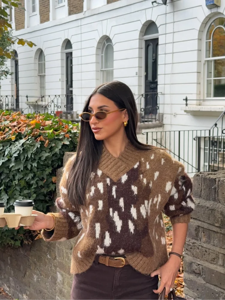 

Четырехцветный жаккардовый вязаный свитер с узором оленя, женский модный свободный пуловер с длинными рукавами и v-образным вырезом, женская повседневная верхняя одежда