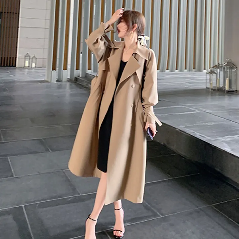 Women High-end Khaki Trench Coat Spring Autumn New Ladies Cloak Wear A Belt Satin Fabric Lined Trench Coat Female Windbreakers