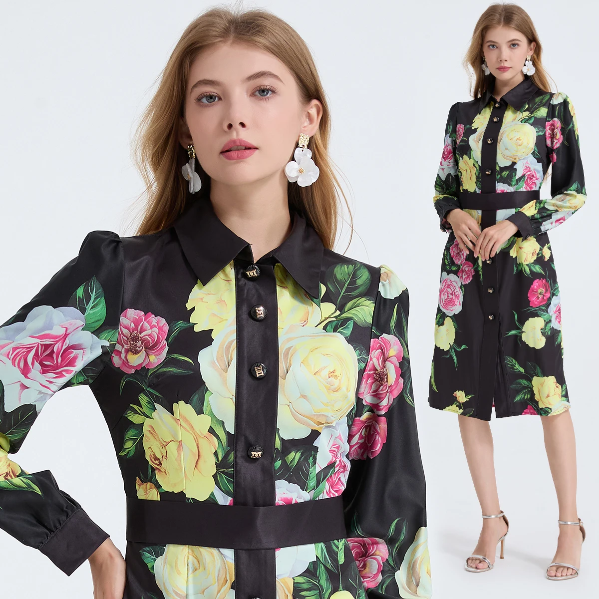 Robe crayon élégante à fleurs pour femmes, manches longues, imprimé à pois, robes de soirée mi-longues, marque de styliste, automne