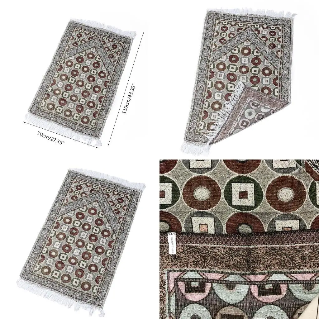 Muslim Cotton Prayer Mat Ethnic Circle Square Patterns Carpet Blanket with Tassel Lightweight Islamic Kneeling Rug