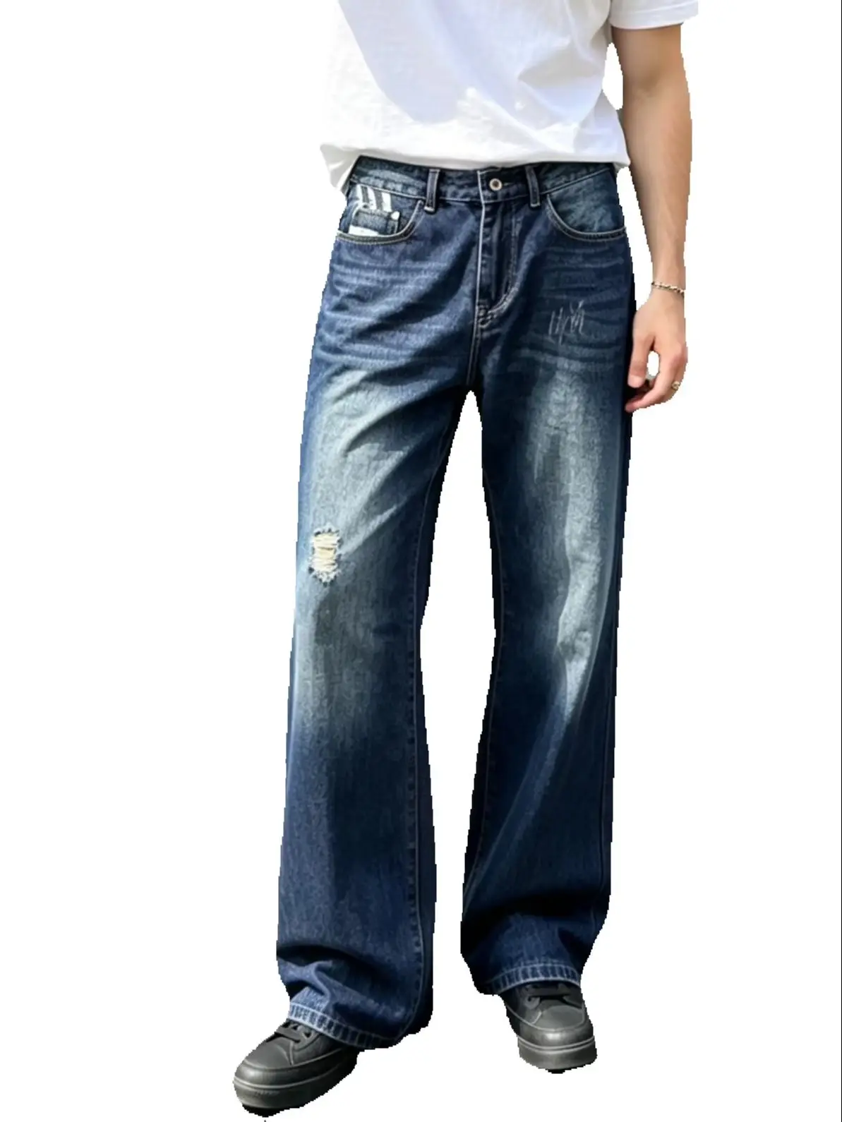 【HME】Men's Jeans | Stylish Men Denim Pants with Retro Craftsmanship, Wide Straight Leg Denim Silhouette, Natural Hand Brushed Fading, Delicate Pocket Ornament, Reinforced Sewing Process, Waist Raw Edge Detail, Durable Wear-Resistant Fabric