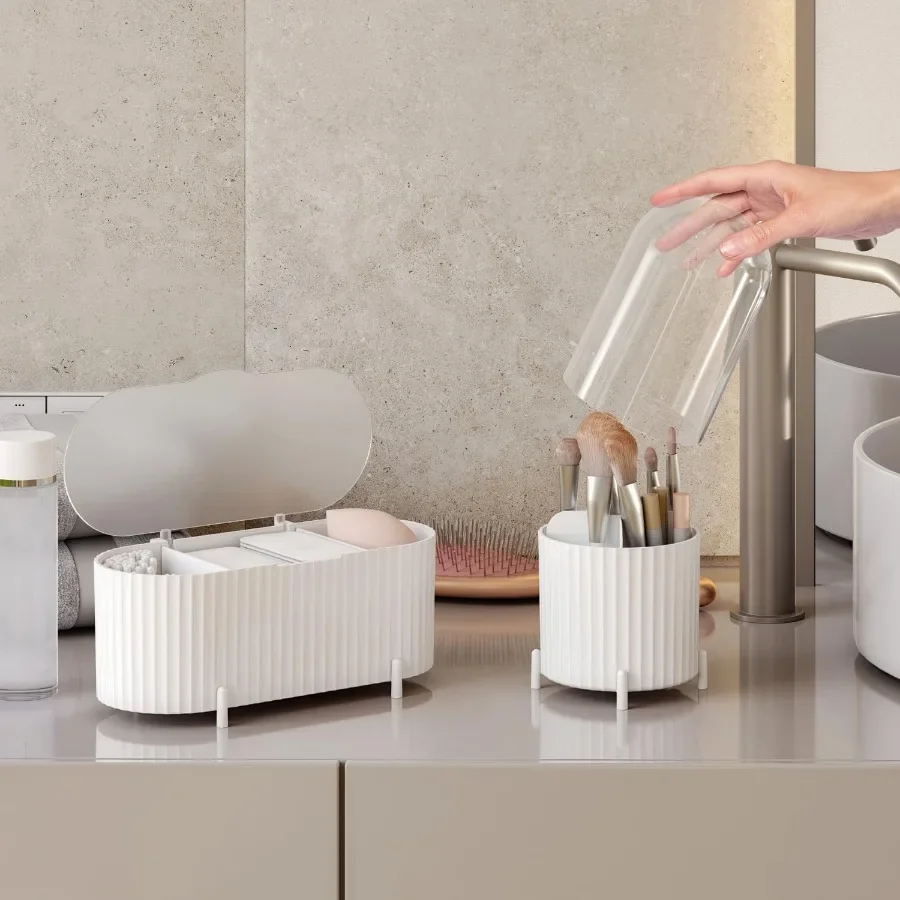 2-delige make-up organizer en borstelhouderset met deksel, opbergruimte met 3 compartimenten en afgedekte borstelhouder voor compacte ijdelheid