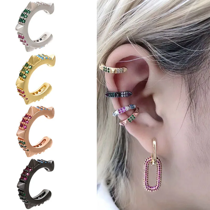 Single One Ear Clip on Earrings Cuff Star Heart Rivet Rainbow CZ Gold Silver Color Earring Jewelry Aretes Non Pierced Earing