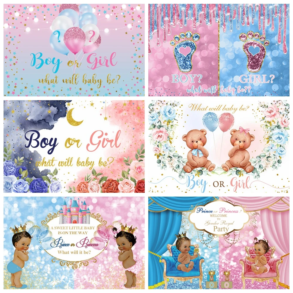 

Gender Reveal Party Boy Or Girl Photography Backdrop Blue Pink Balloon Elephant Bear Newborn Baby Shower Background Photo Studio