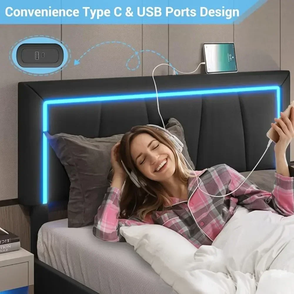 Estructura de cama de tamaño completo con 4 cajones de almacenamiento y plataforma tapizada de piel sintética, con puertos USB y cabecera LED ajustable, color blanco