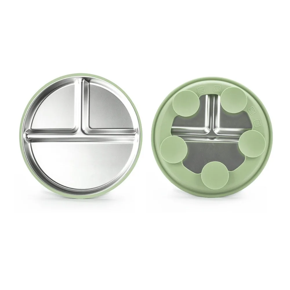 Silicone Suction Cup Baby Sucker Dining Plate 304 Stainless Steel Divided Design 3 Grids Children Dishes Anti-fall Non-Slip