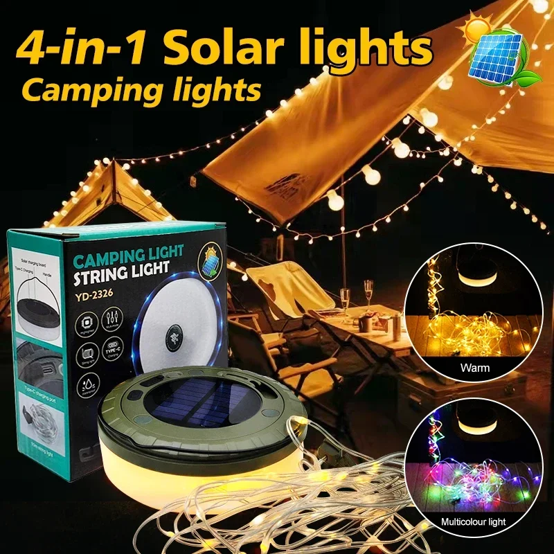 Solar Lights Outdoor Camping Hiking Spring Outing 10 Meters String Outdoor Tent Light RGB Atmosphere LED Flashlight with Hook