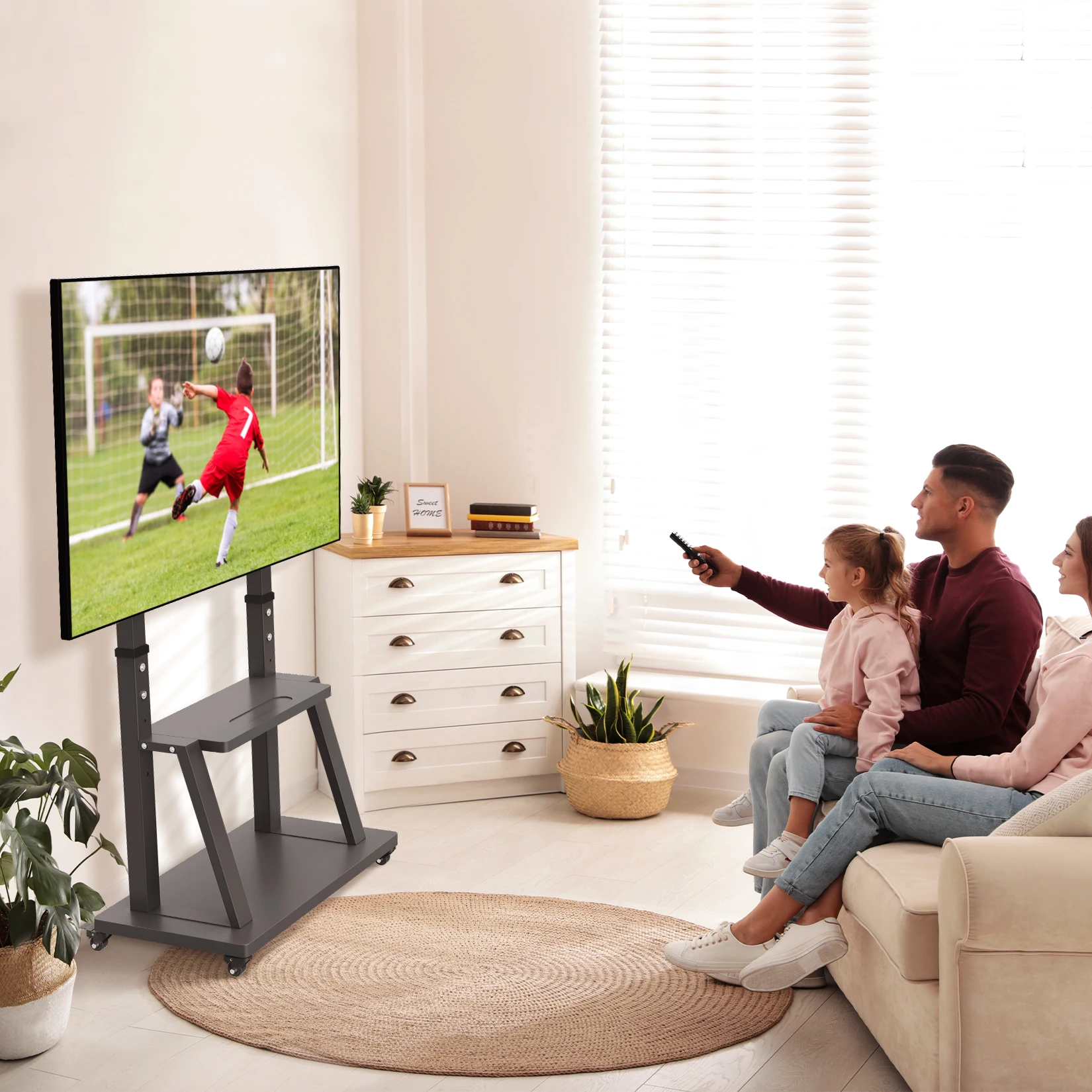 Soporte de TV móvil OEM U-990A, carrito de TV móvil para televisores de 32 a 100 pulgadas, soporte de TV de altura ajustable para uso en el hogar, sala de estar, dormitorio, oficina, hotel y sala de reuniones.